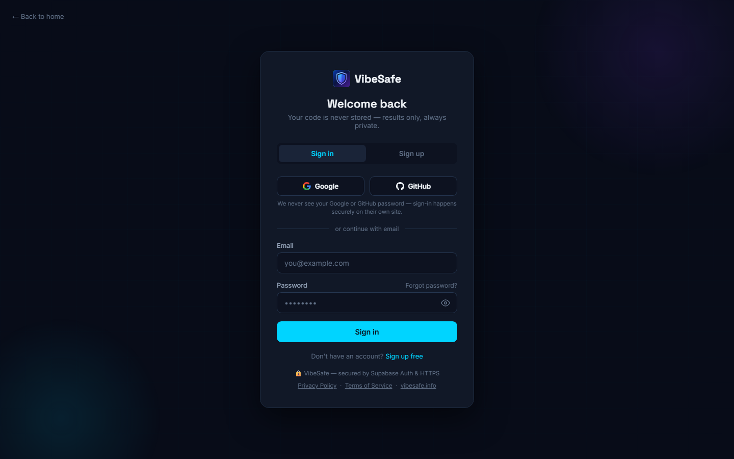 VibeSafe sign up and login page