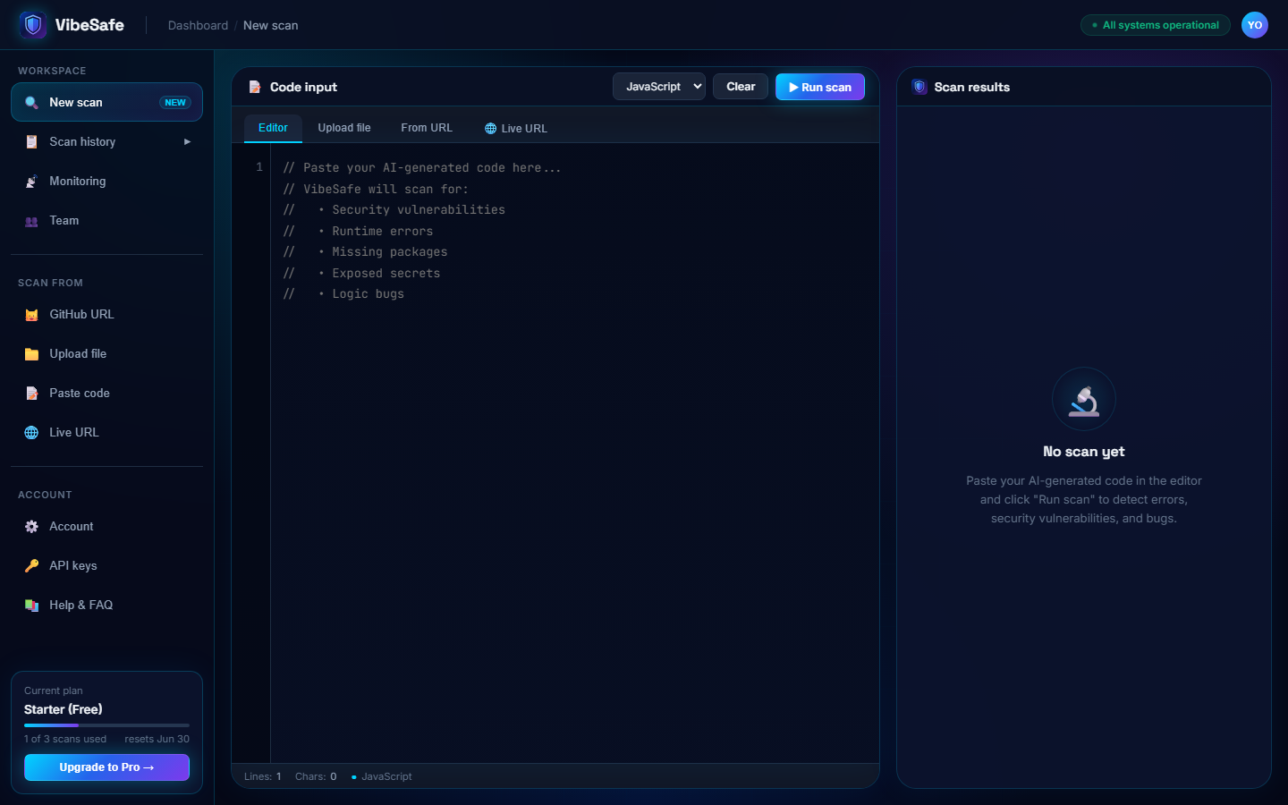 VibeSafe dashboard with scan options