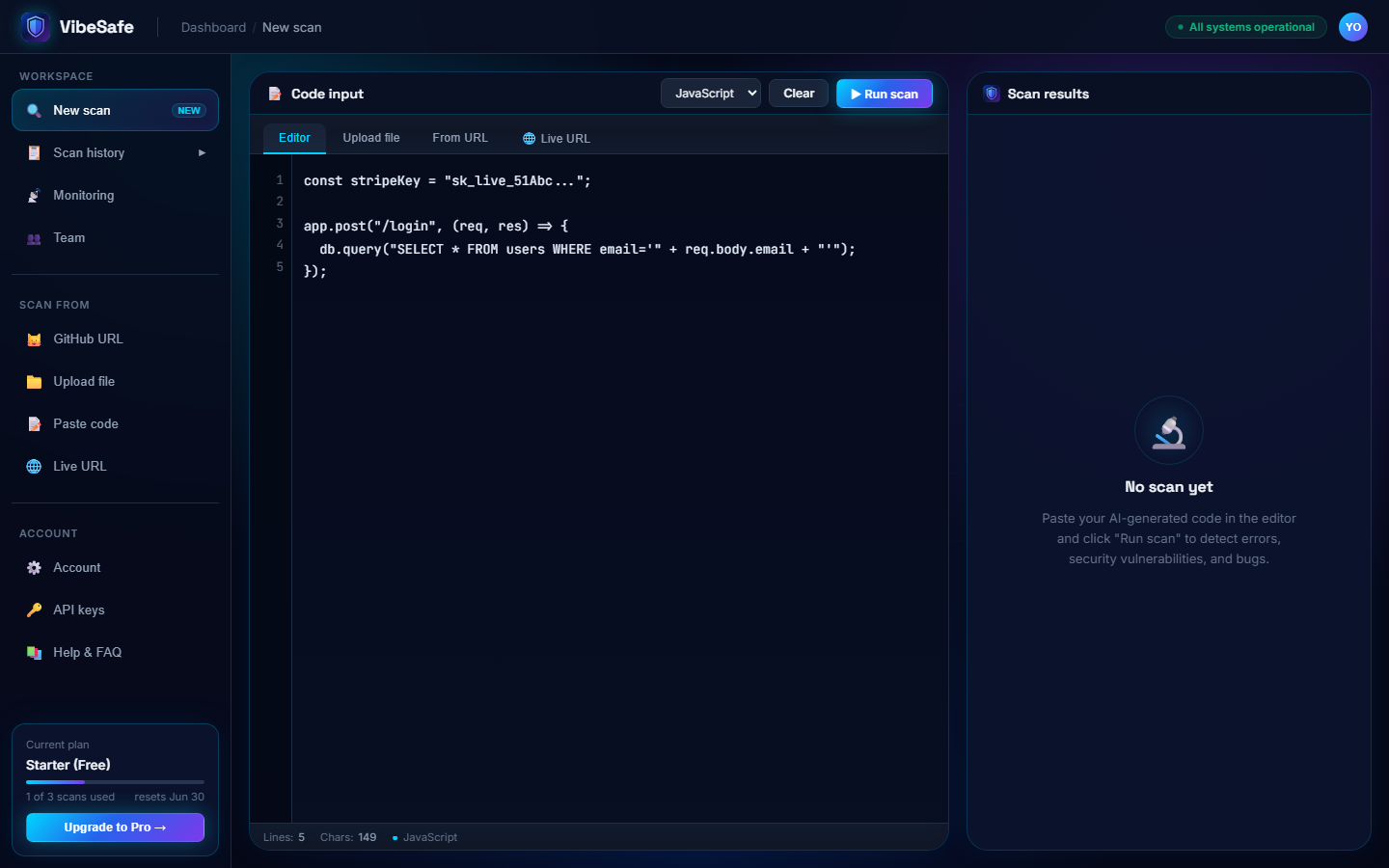 Pasting code into the VibeSafe editor