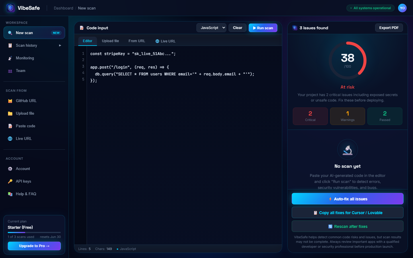 VibeSafe scan results with security score