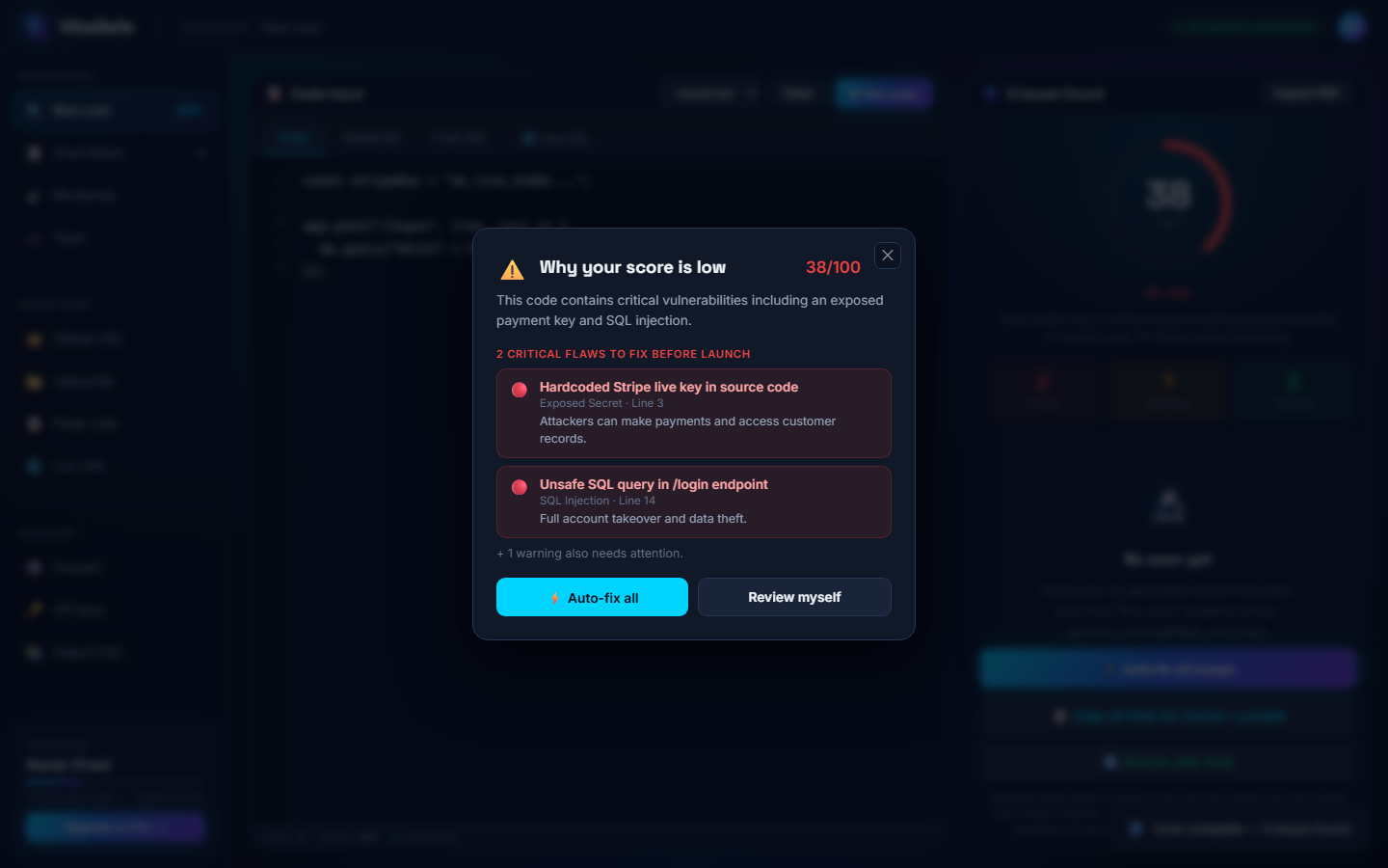 Why your score is low popup listing critical flaws